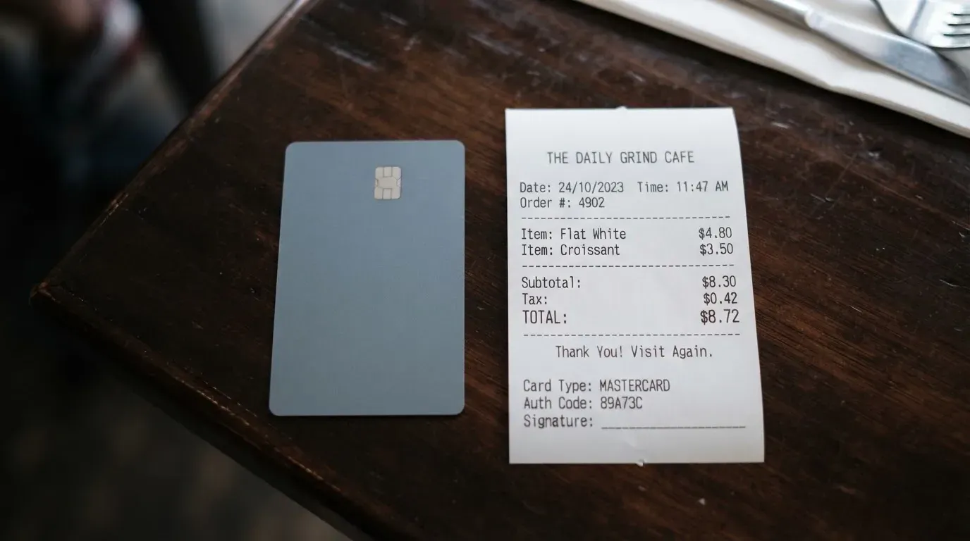 A receipt and a card on a café table