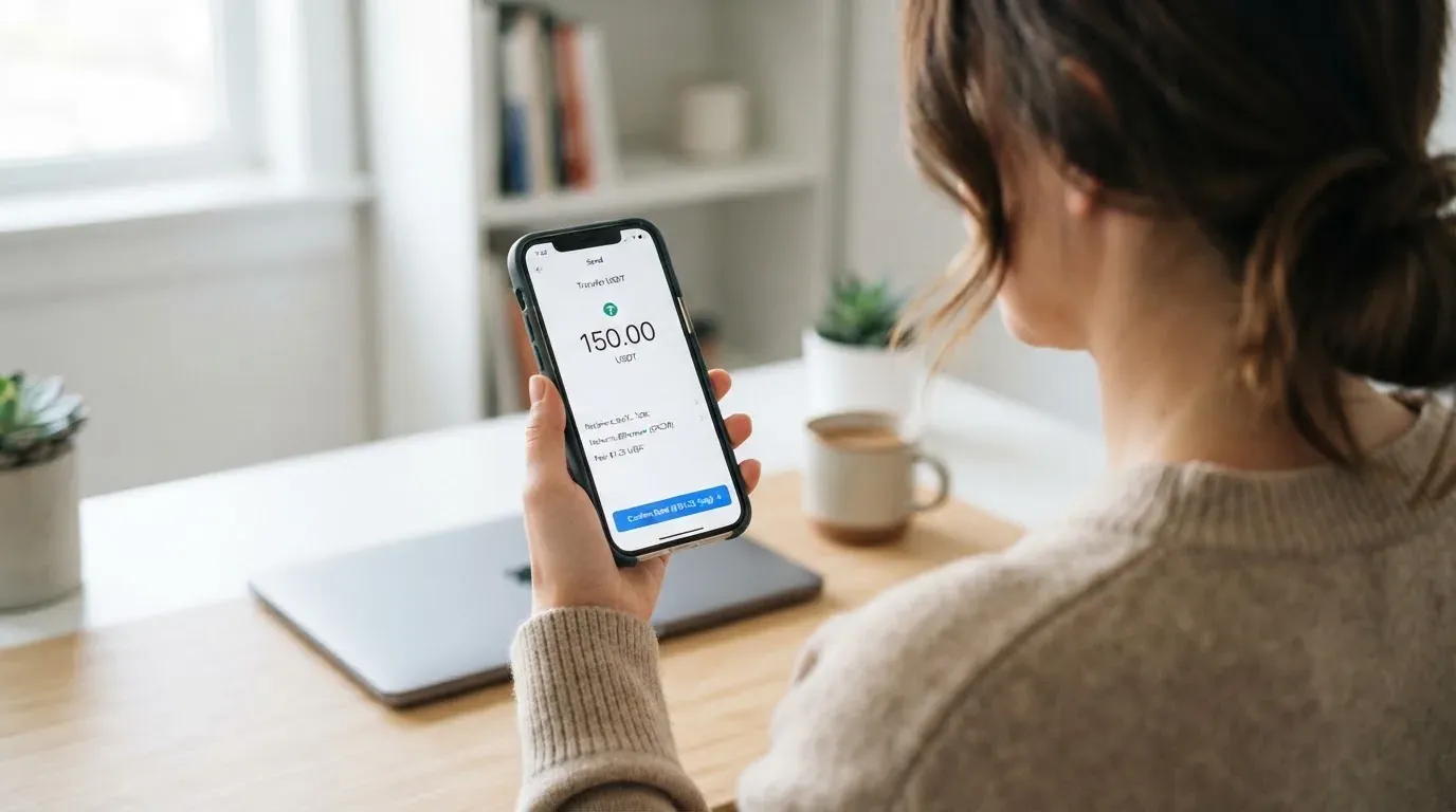 A phone showing a stablecoin transfer screen