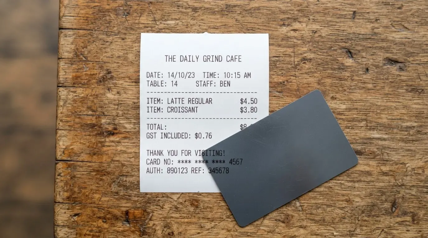 A receipt and a card on a café table