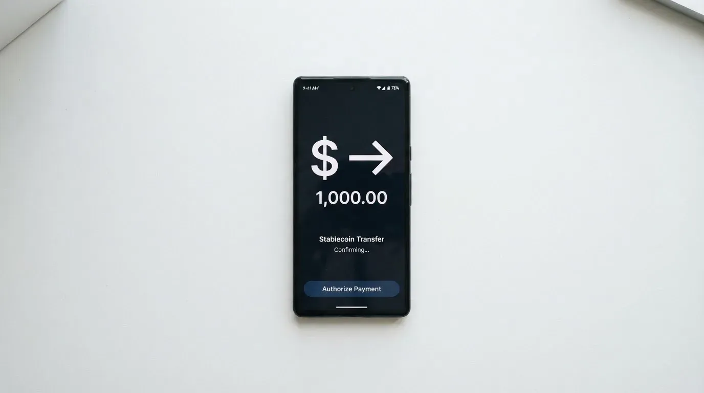 A phone showing a stablecoin transfer screen