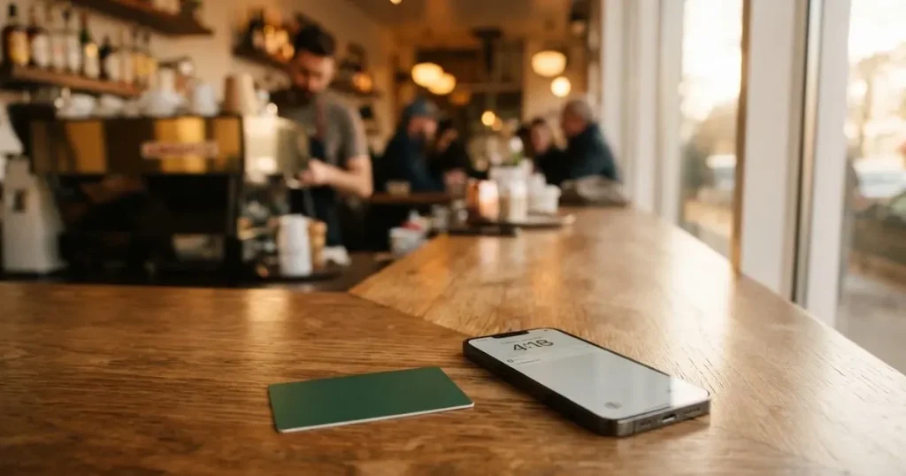 A payment card next to a phone with a crypto wallet app open