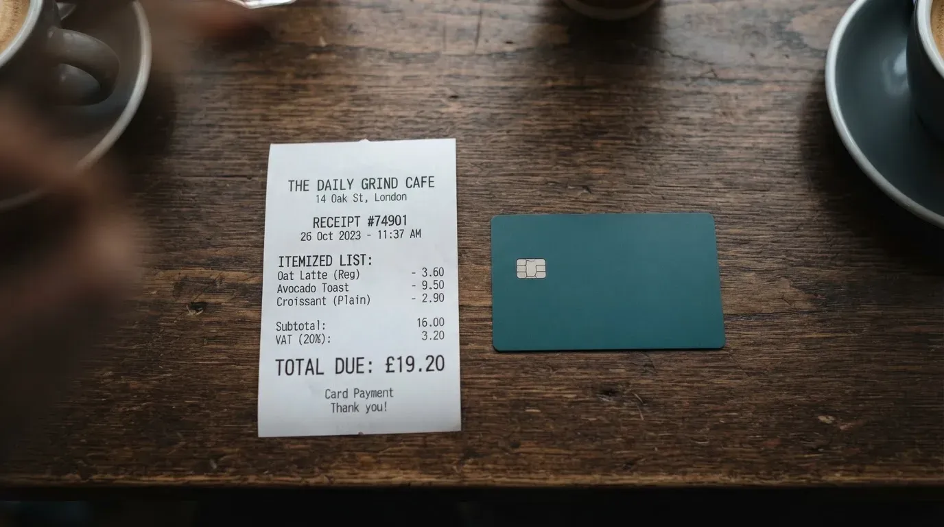 A receipt and a card on a café table