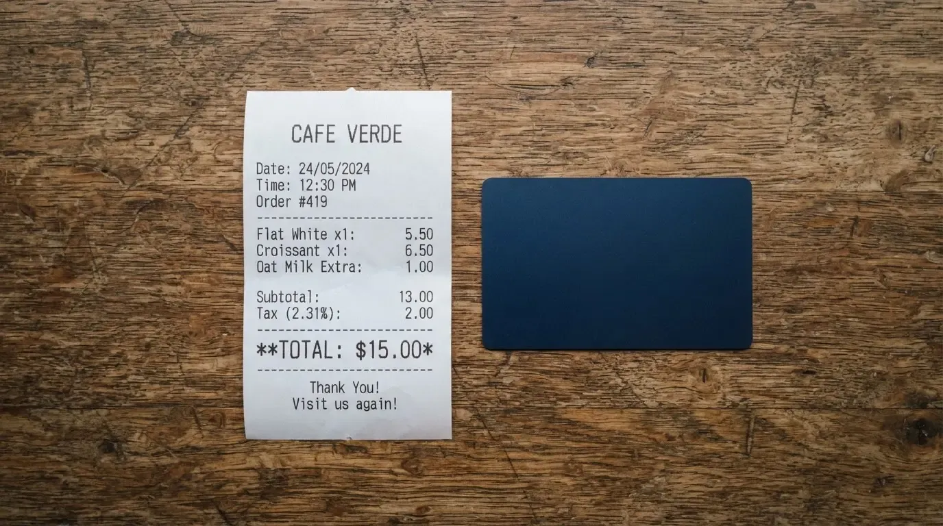 A receipt and a card on a café table