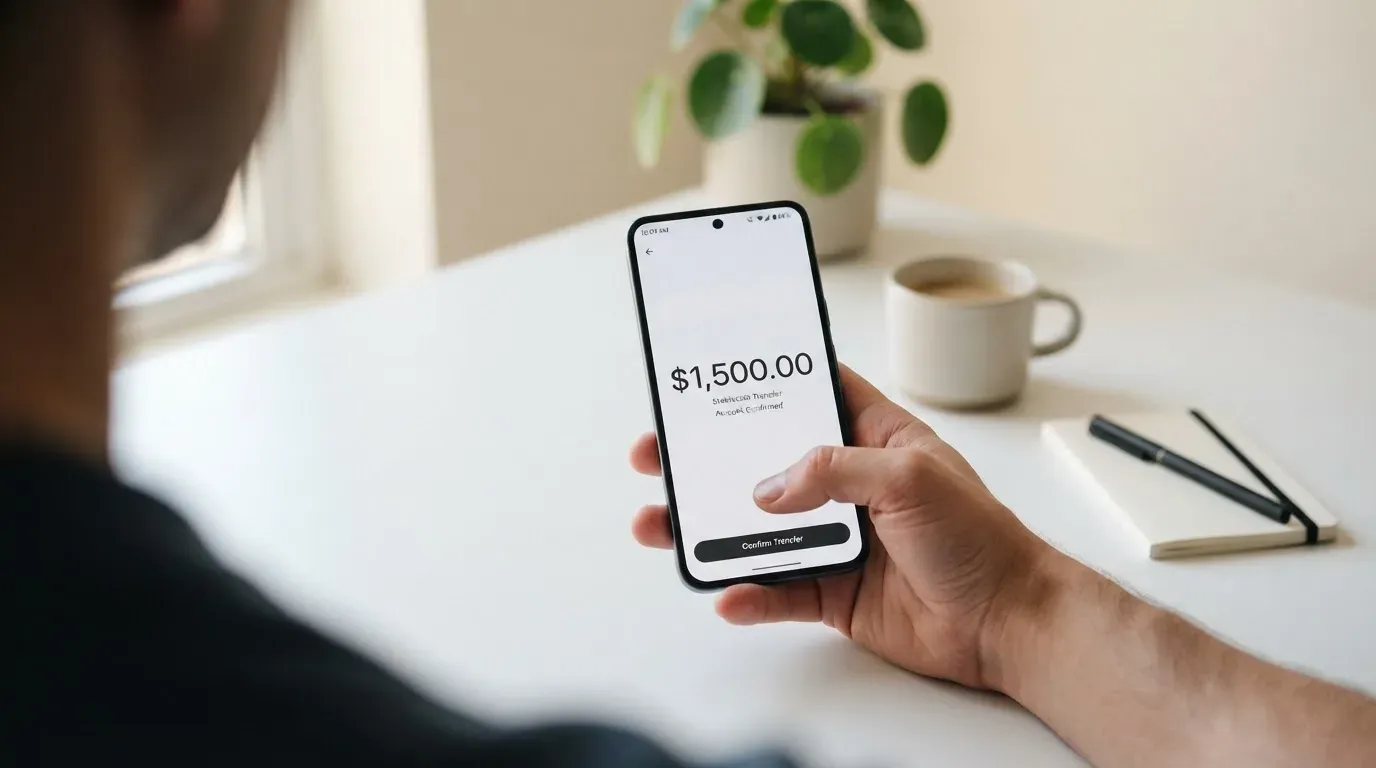A phone showing a stablecoin transfer screen