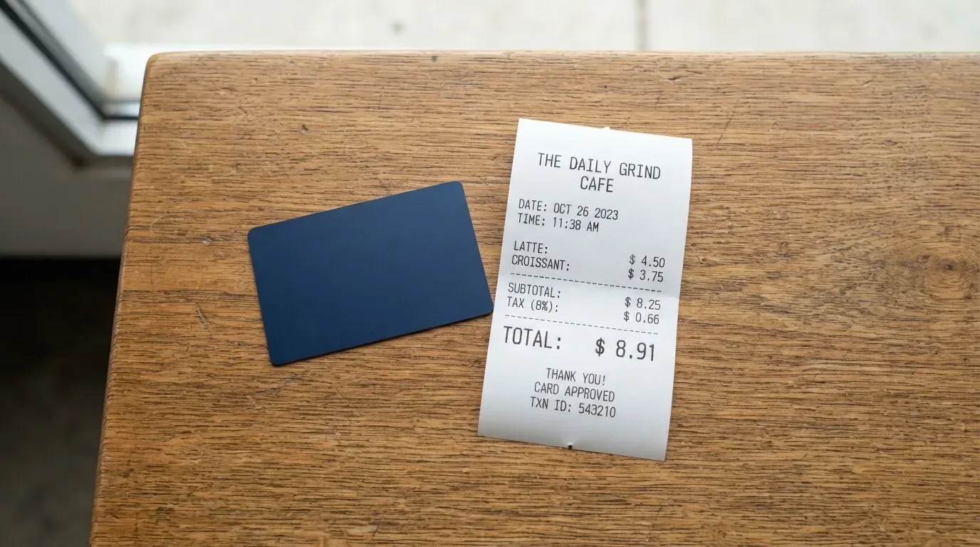 A receipt and a card on a café table
