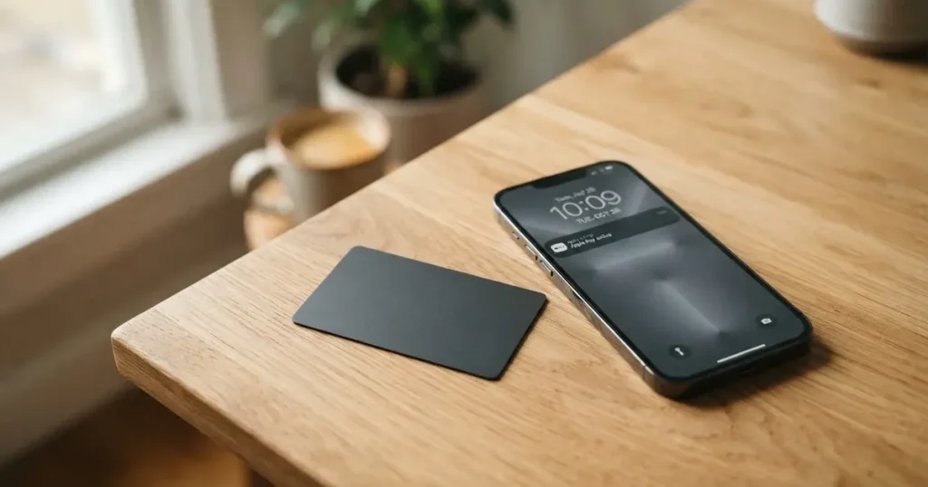 A payment card next to a phone with a crypto wallet app open