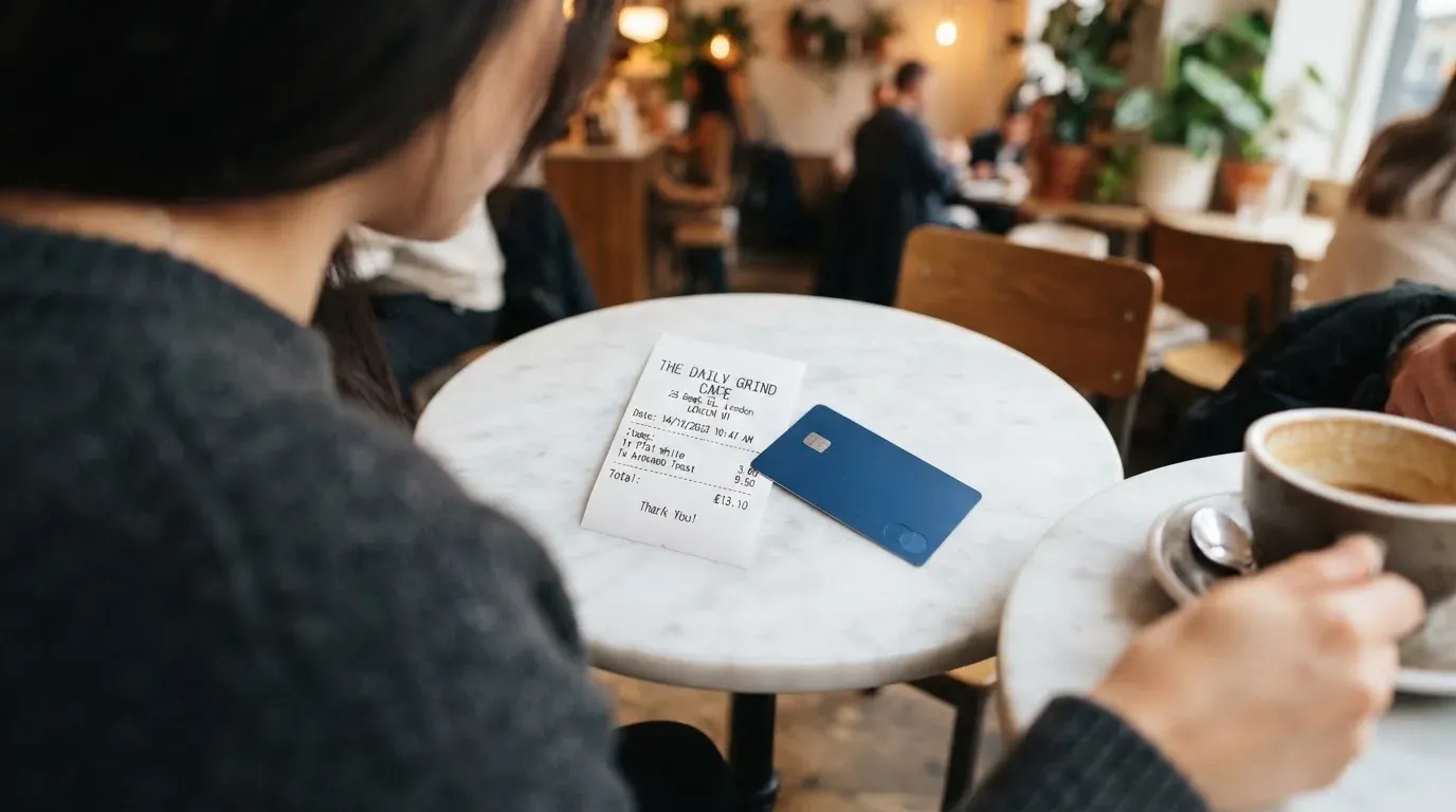 A receipt and a card on a café table