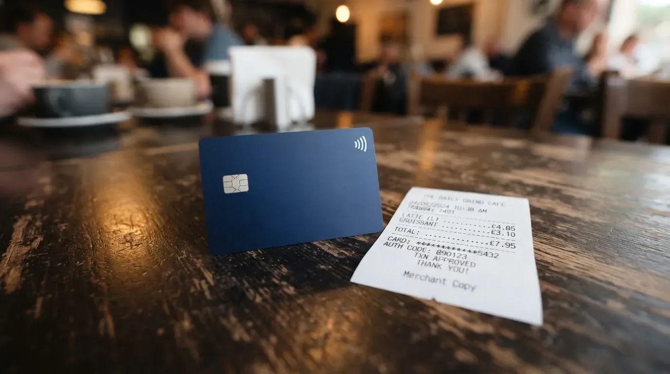 A receipt and a card on a café table