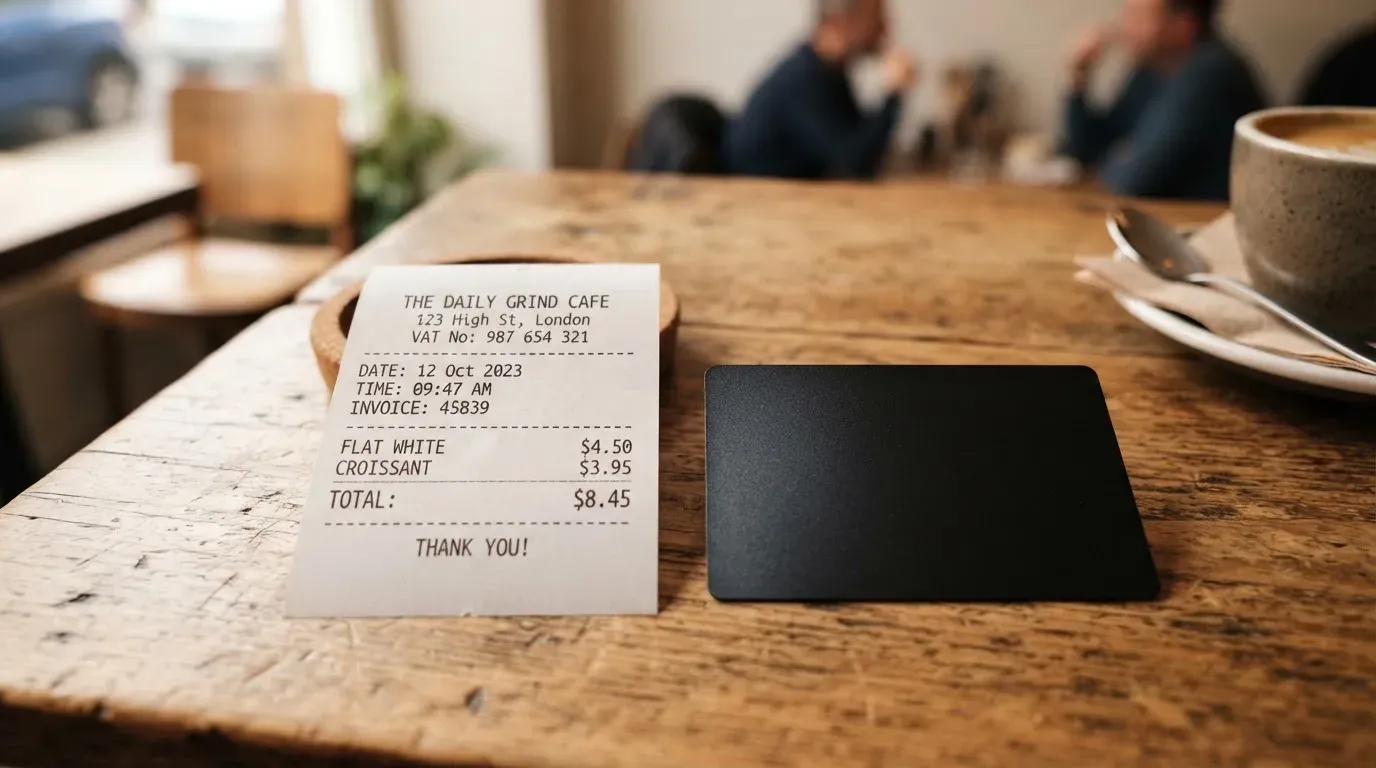 A receipt and a card on a café table