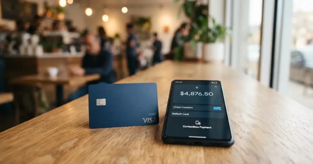 A payment card next to a phone with a crypto wallet app open
