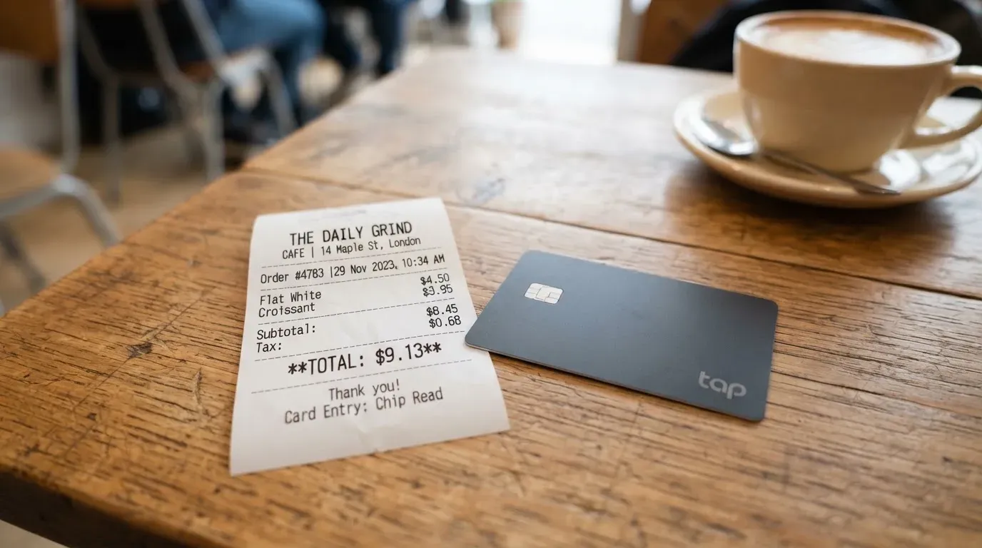 A receipt and a card on a café table