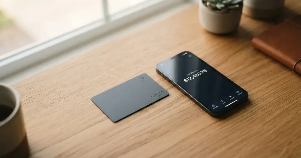 A payment card next to a phone with a crypto wallet app open