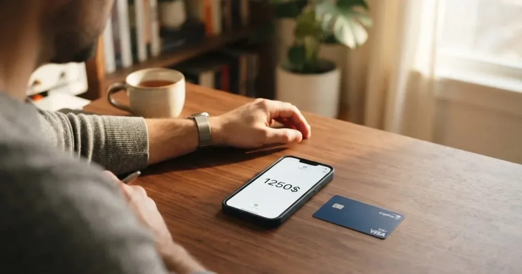 A payment card next to a phone with a crypto wallet app open