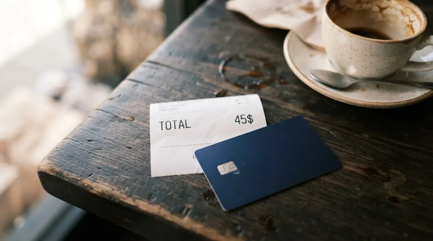 A receipt and a card on a café table