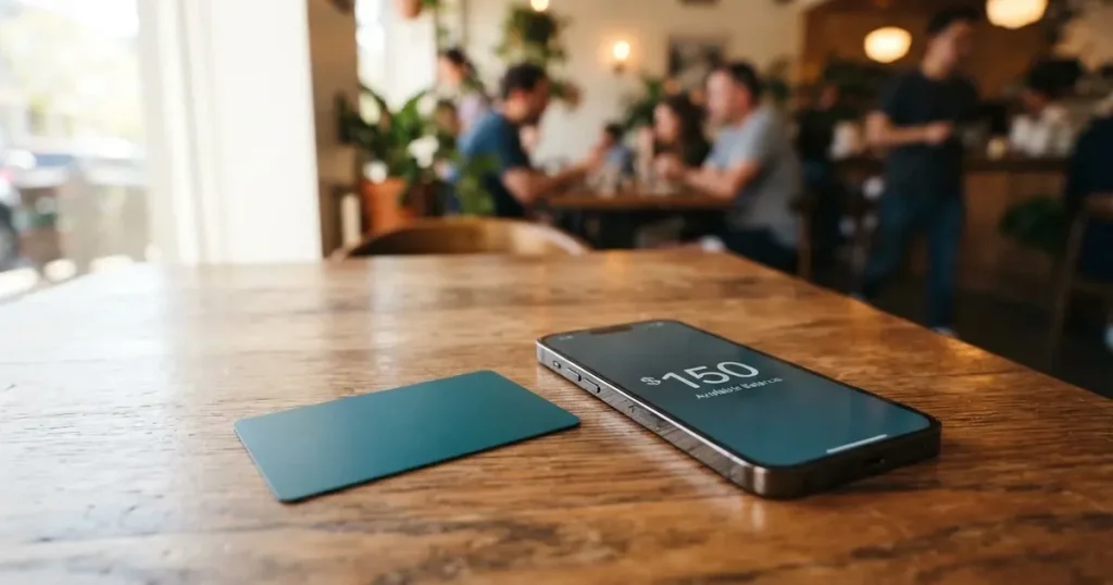A payment card next to a phone with a crypto wallet app open