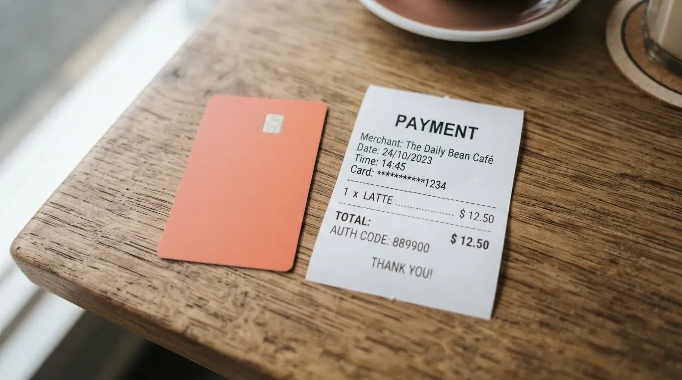 A receipt and a card on a café table