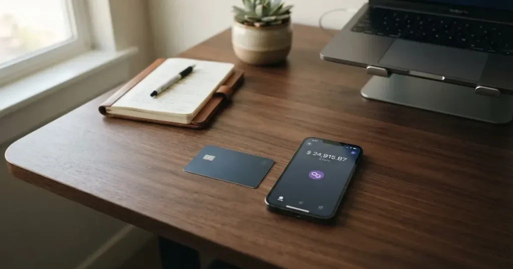 A payment card next to a phone with a crypto wallet app open