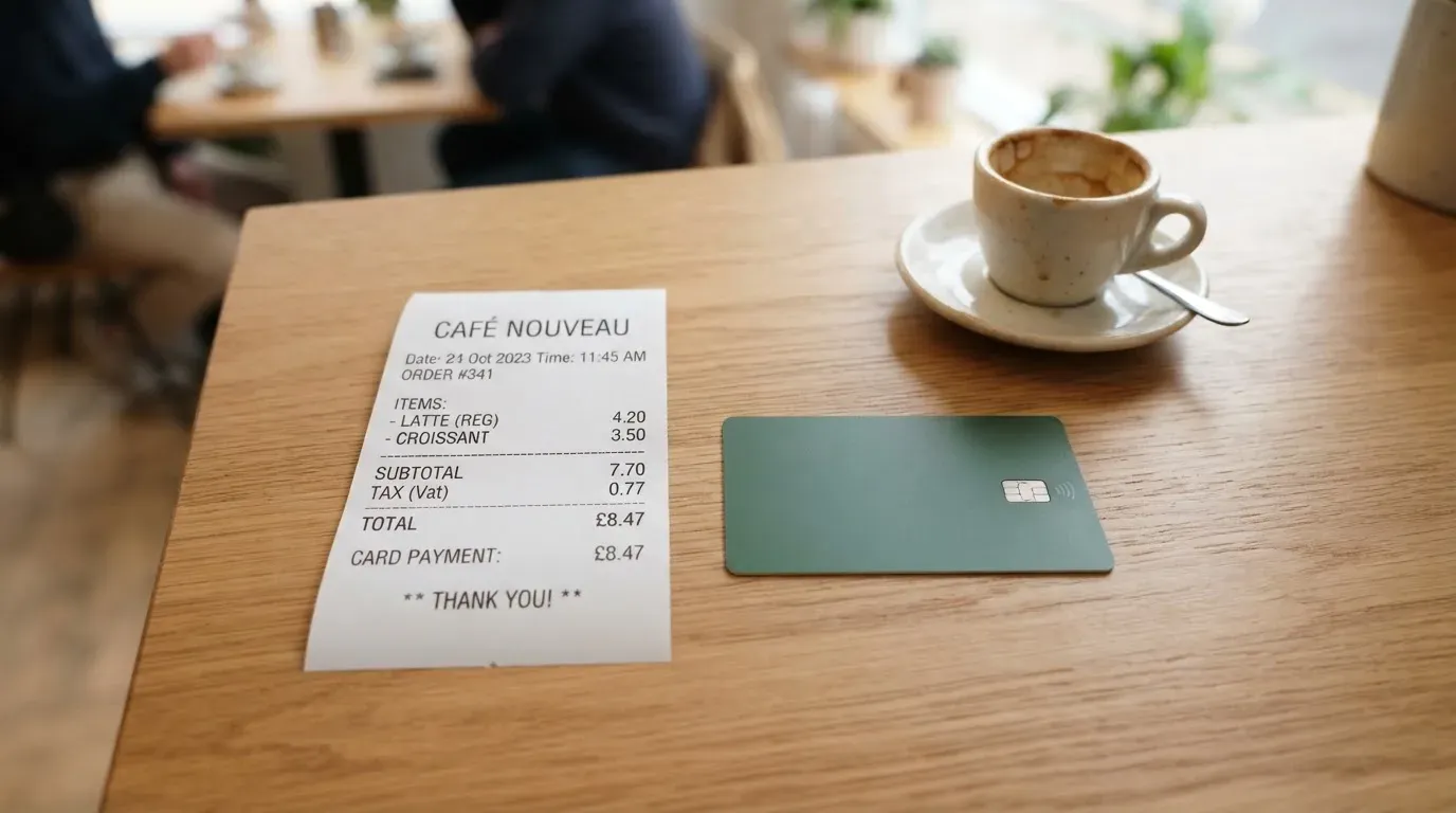 A receipt and a card on a café table