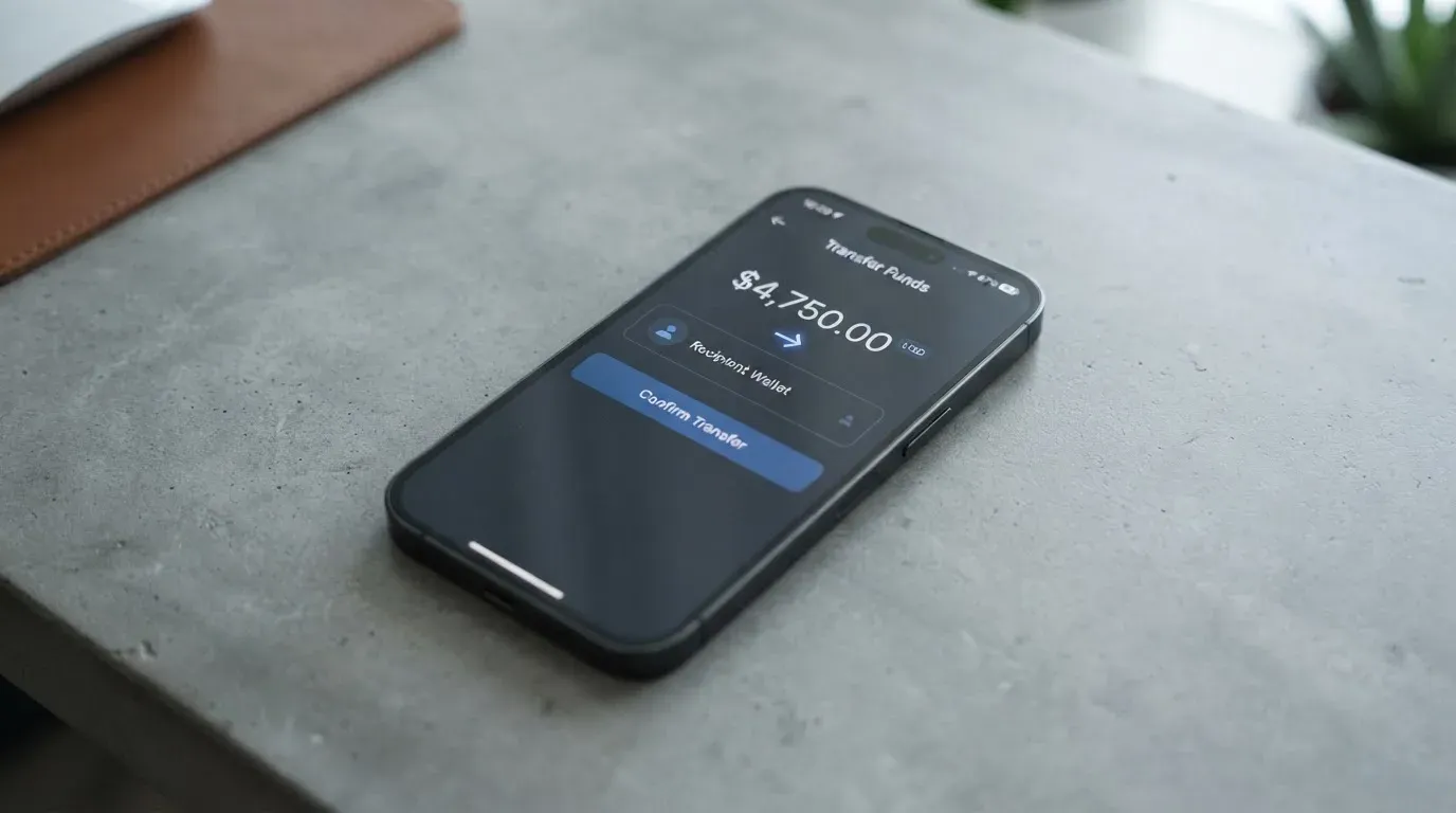 A phone showing a stablecoin transfer screen