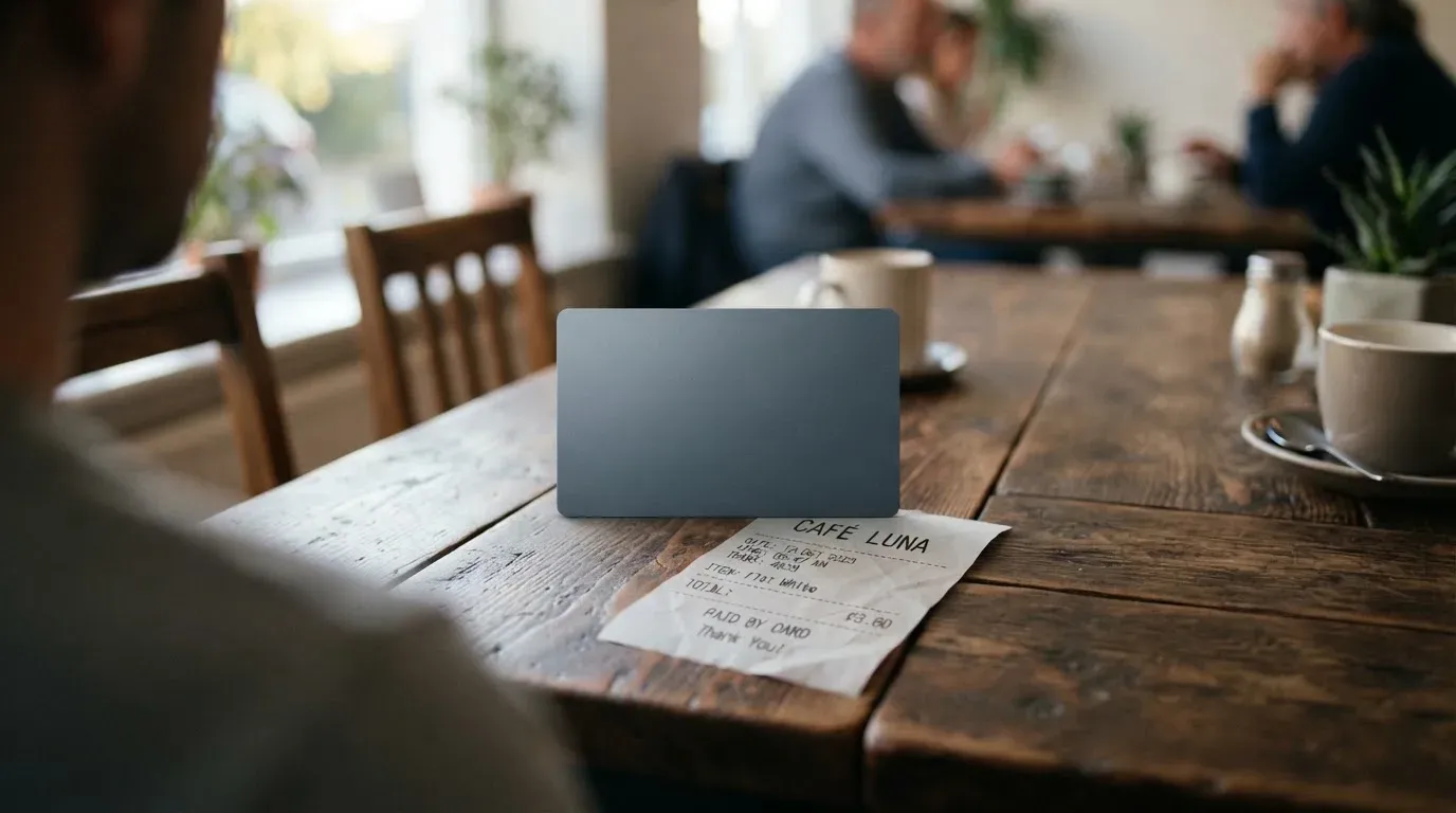 A receipt and a card on a café table