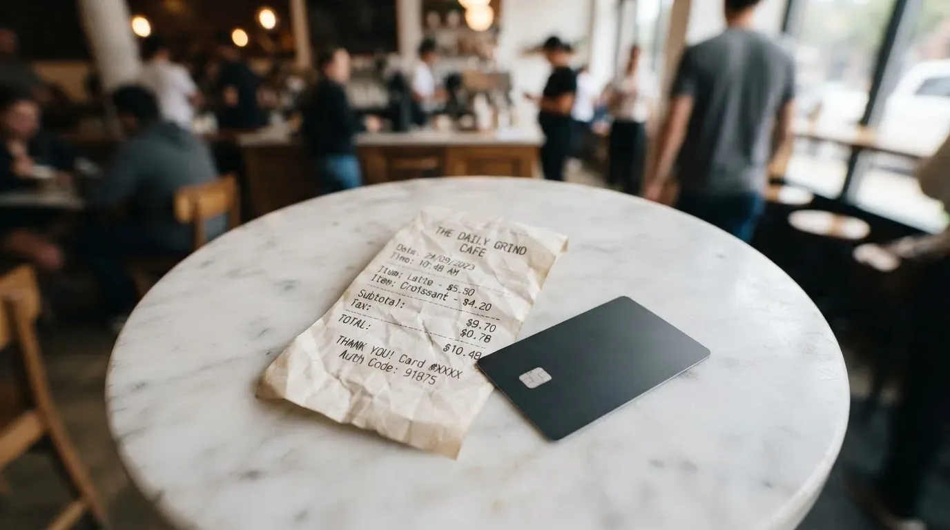 A receipt and a card on a café table