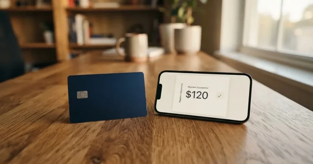 A payment card next to a phone with a crypto wallet app open