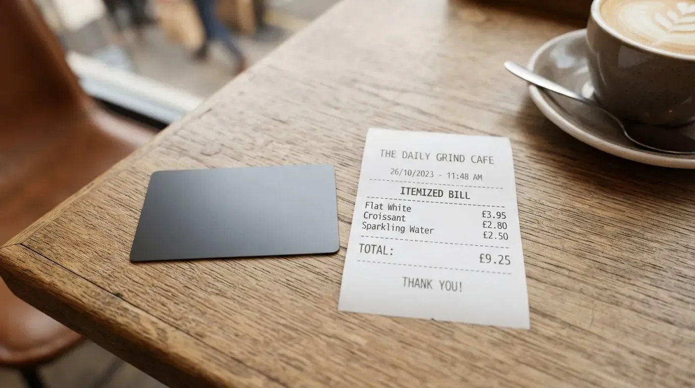 A receipt and a card on a café table