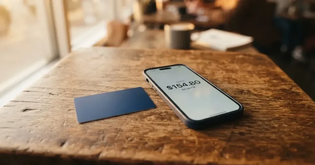A payment card next to a phone with a crypto wallet app open