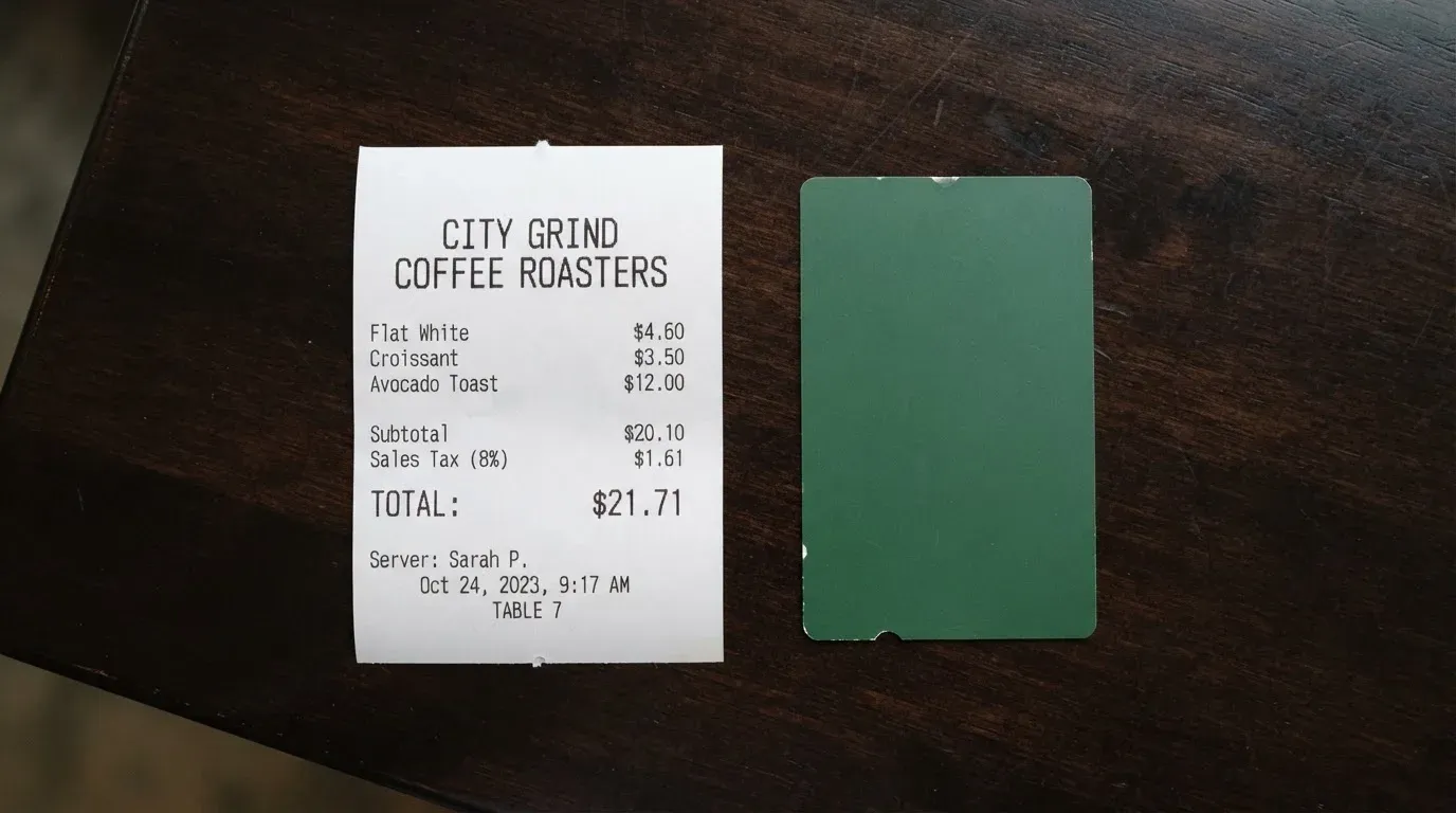 A receipt and a card on a café table