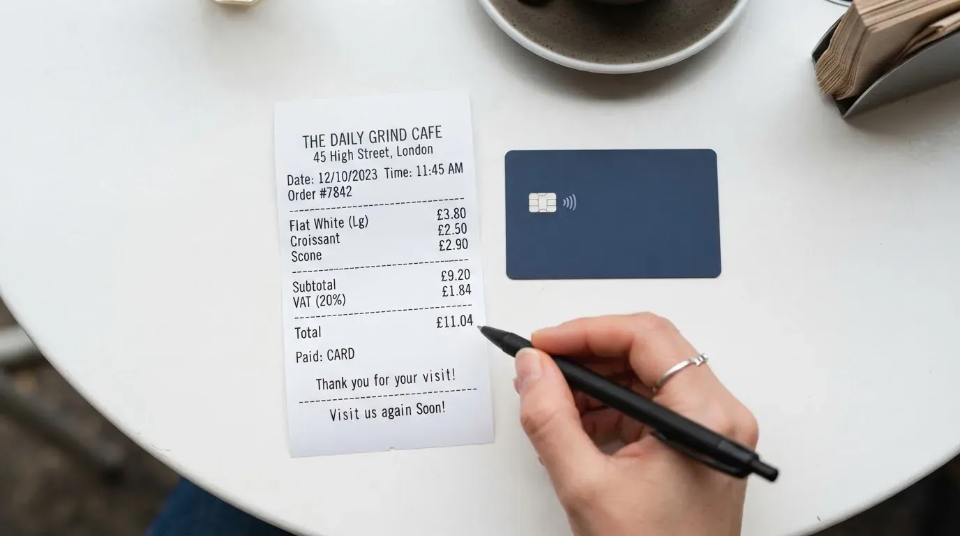A receipt and a card on a café table