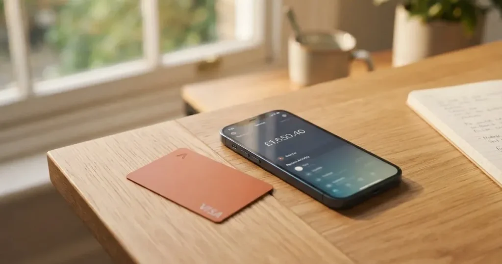 A payment card next to a phone with a crypto wallet app open