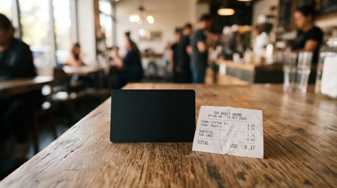 A receipt and a card on a café table