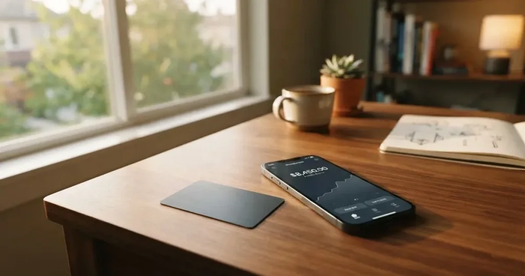 A payment card next to a phone with a crypto wallet app open