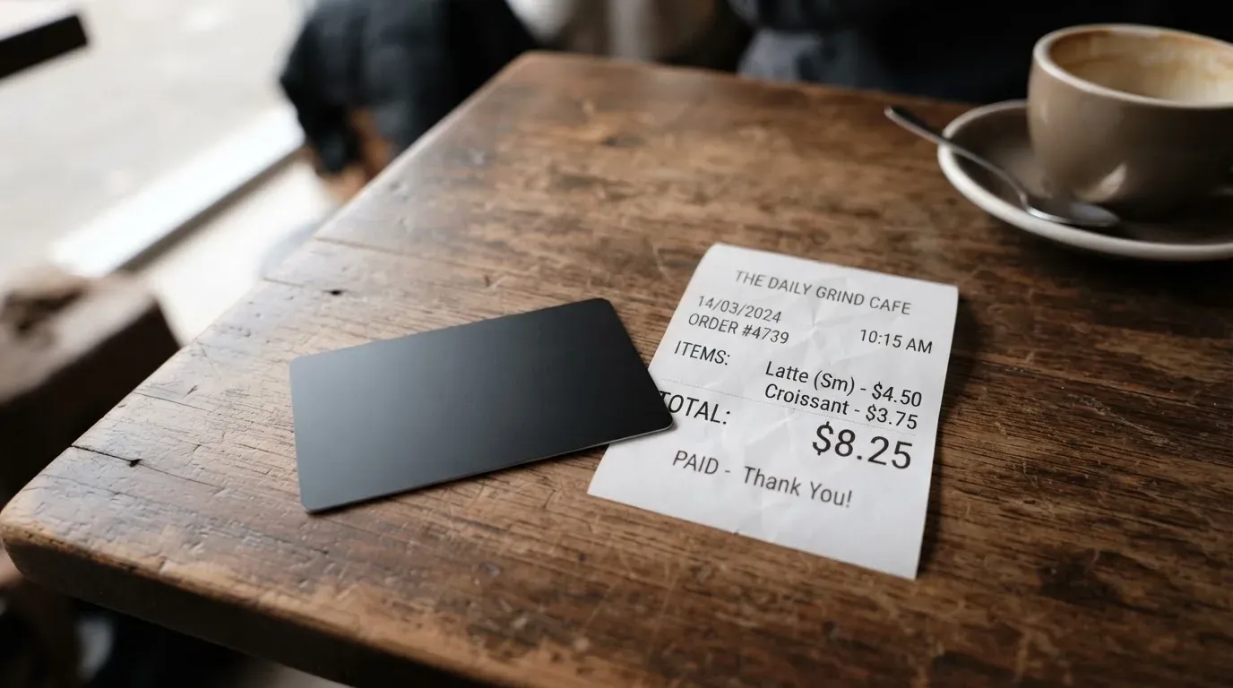 A receipt and a card on a café table