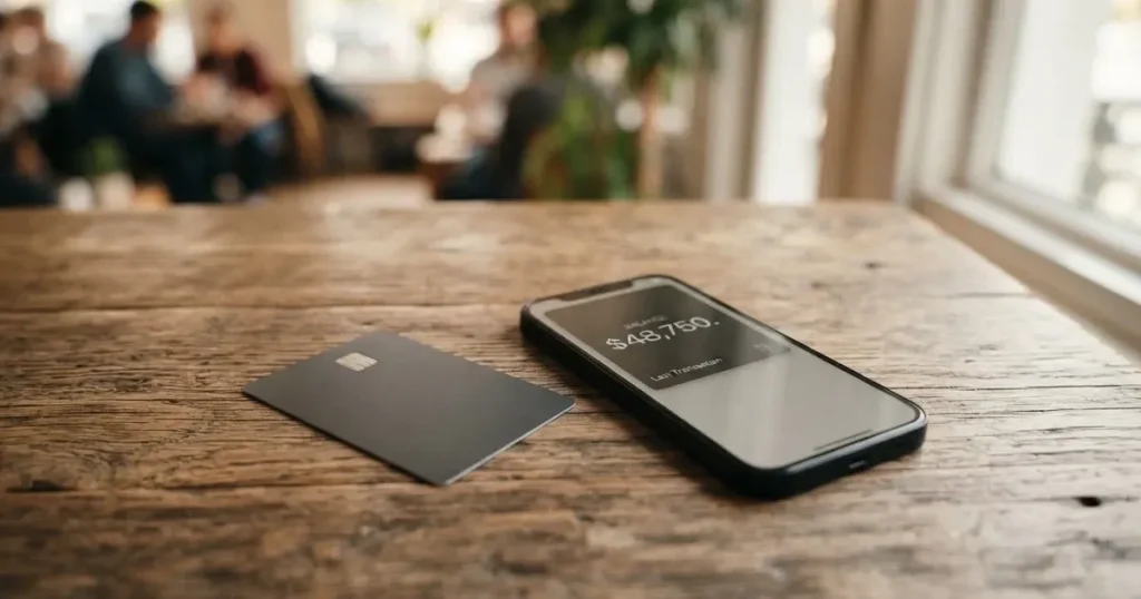 A payment card next to a phone with a crypto wallet app open