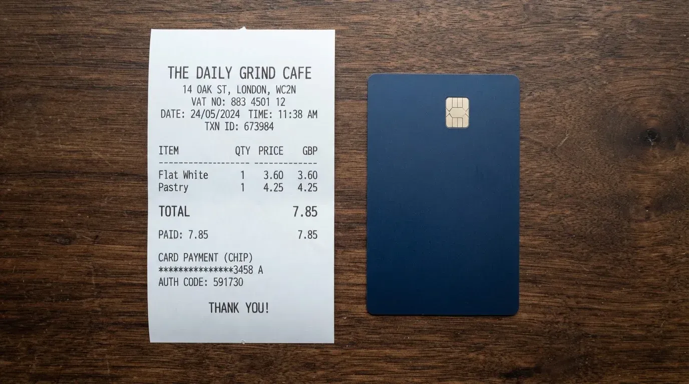 A receipt and a card on a café table