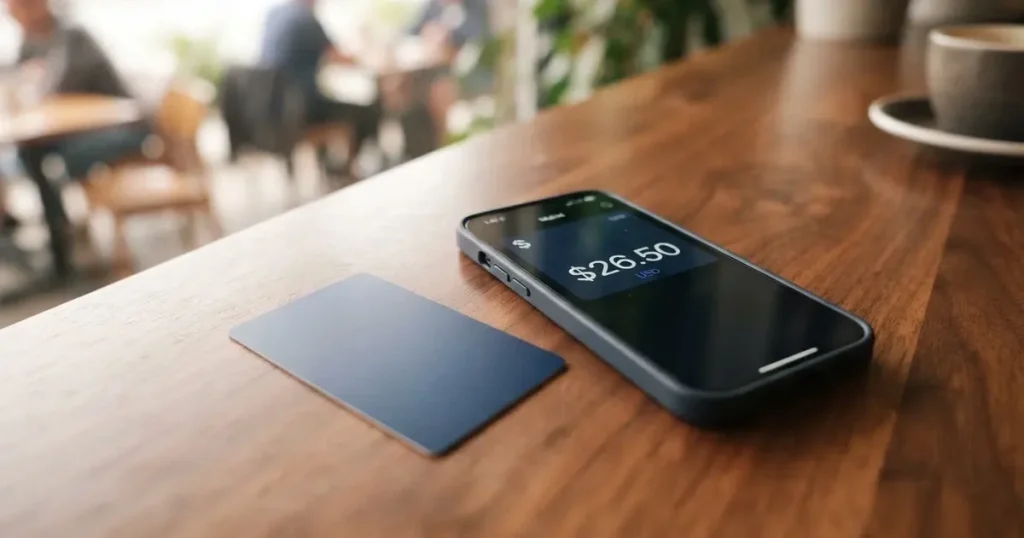 A payment card next to a phone with a crypto wallet app open
