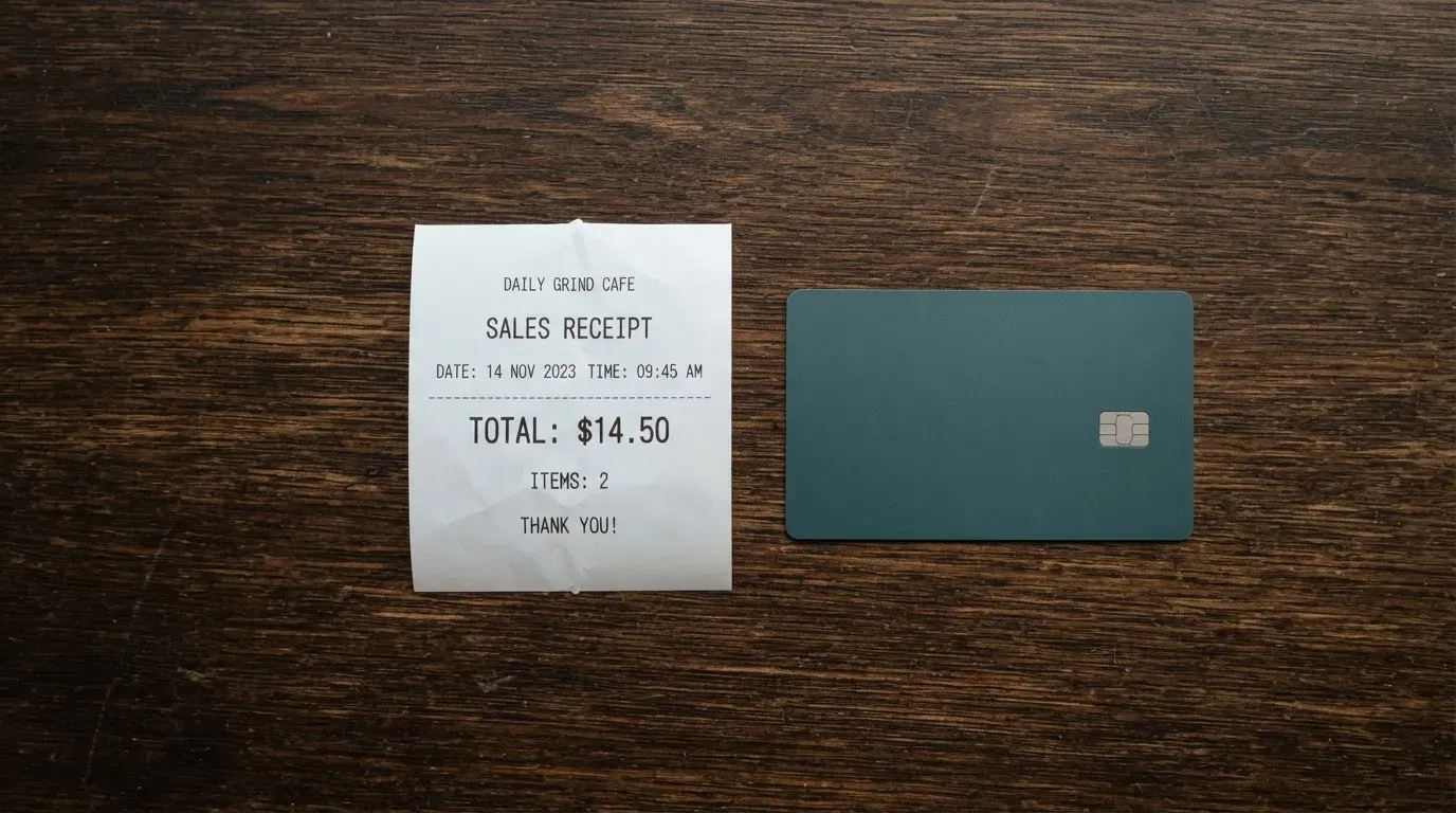 A receipt and a card on a café table