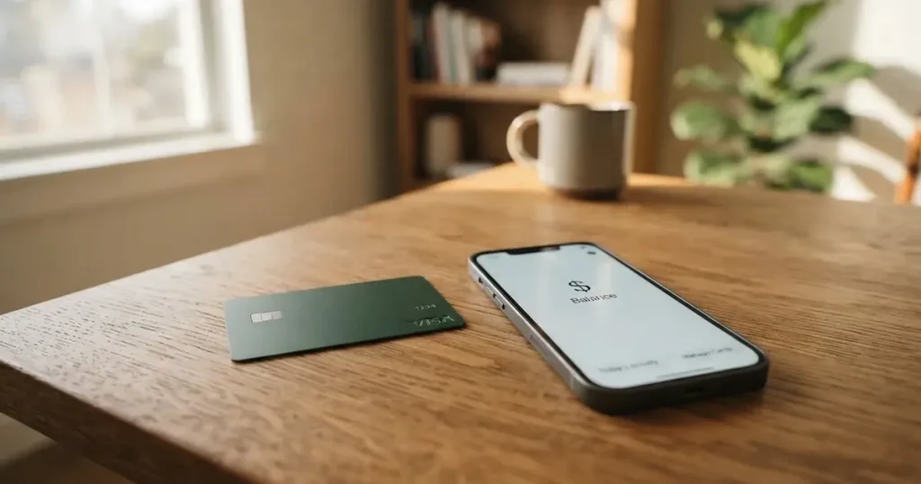 A payment card next to a phone with a crypto wallet app open