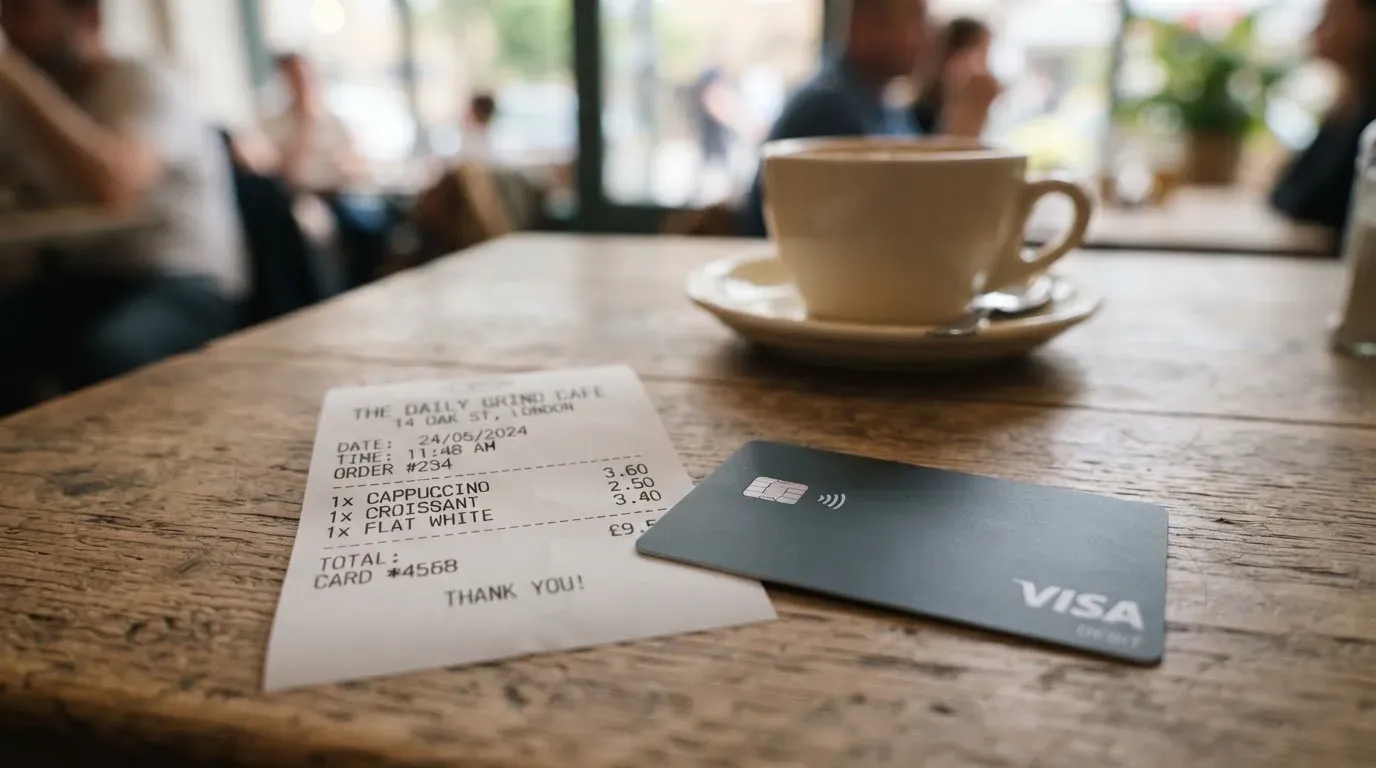 A receipt and a card on a café table