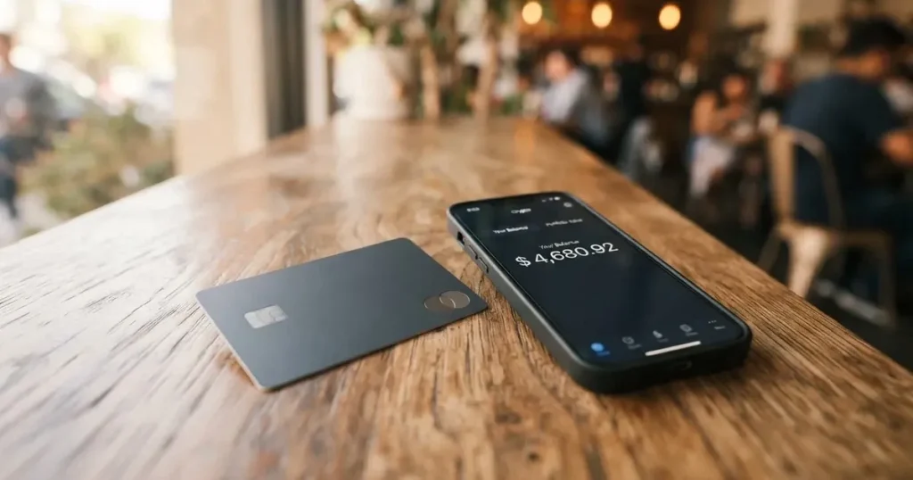 A payment card next to a phone with a crypto wallet app open