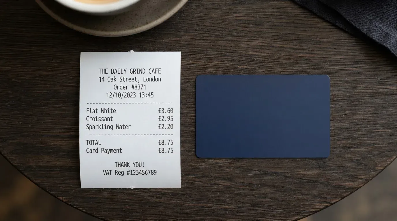 A receipt and a card on a café table