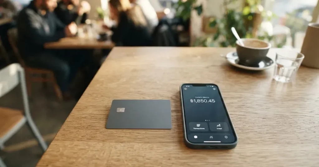 A payment card next to a phone with a crypto wallet app open
