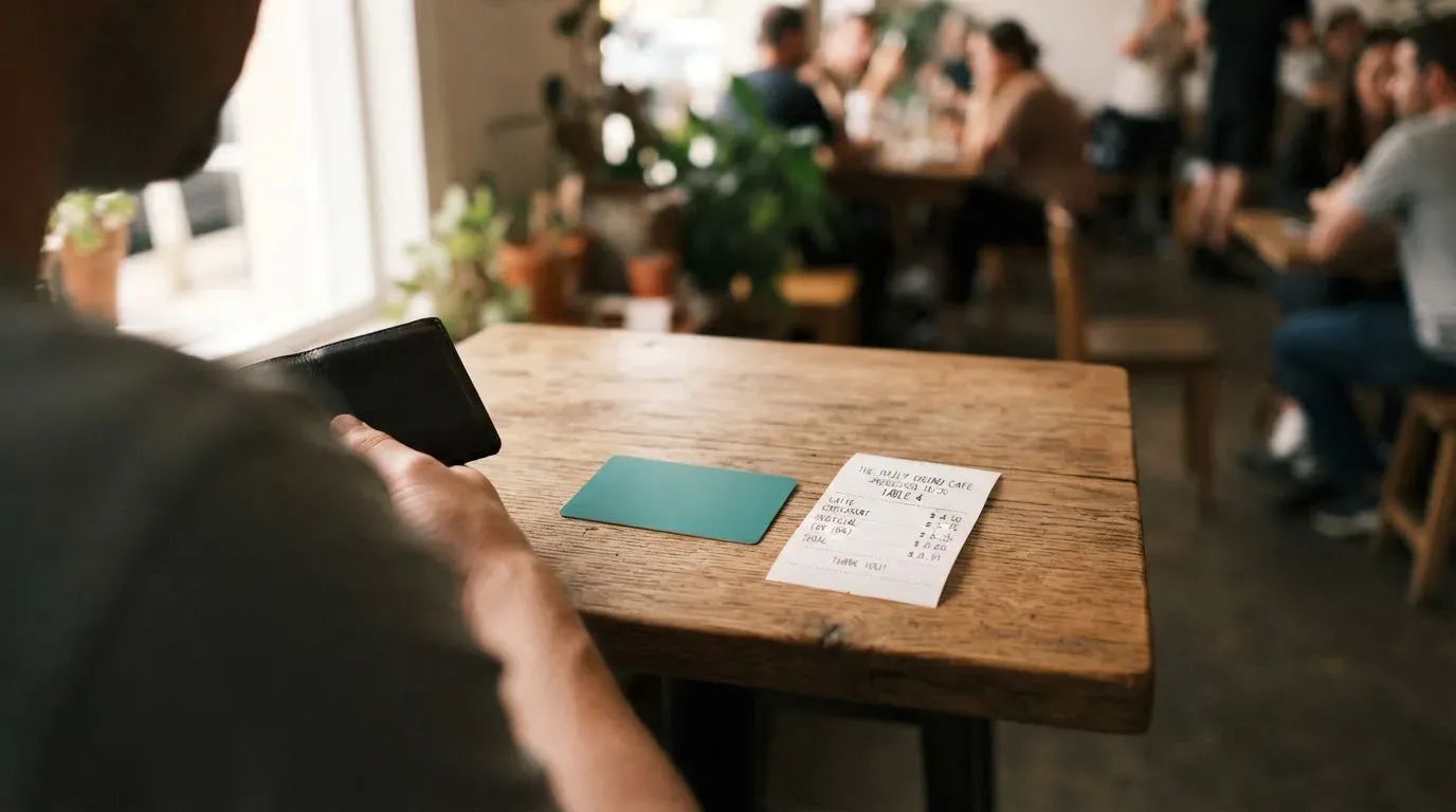A receipt and a card on a café table