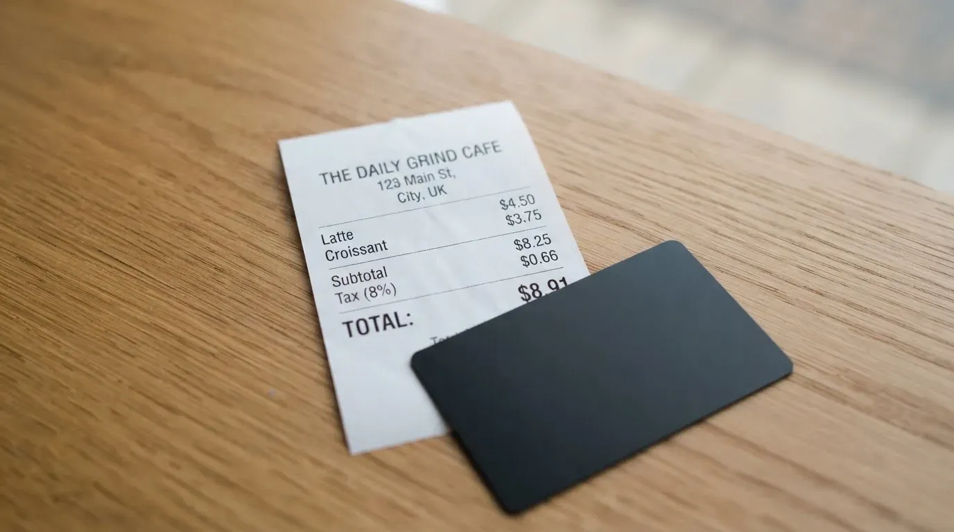 A receipt and a card on a café table
