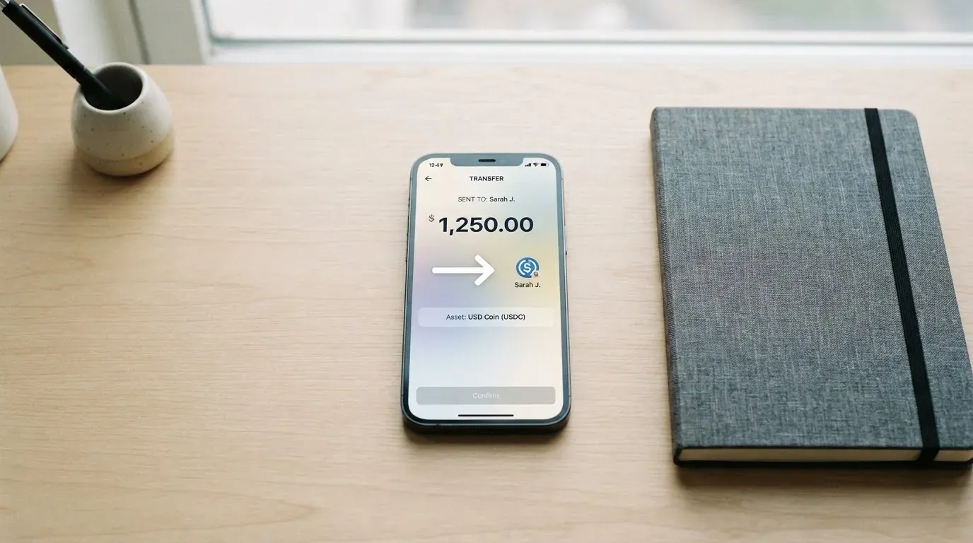 A phone showing a stablecoin transfer screen