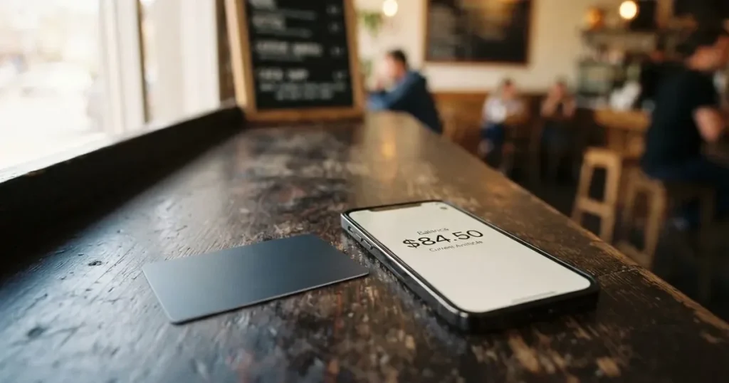 A payment card next to a phone with a crypto wallet app open