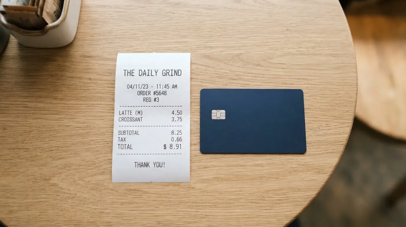 A receipt and a card on a café table