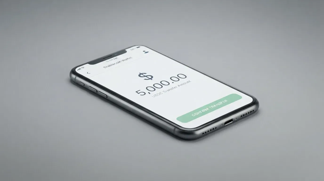 A phone showing a stablecoin transfer screen