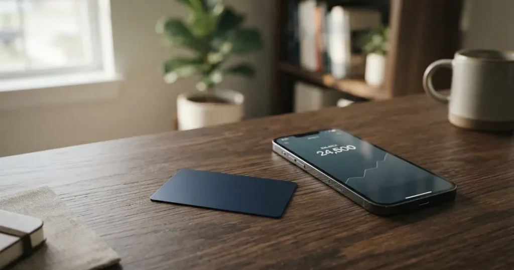 A payment card next to a phone with a crypto wallet app open